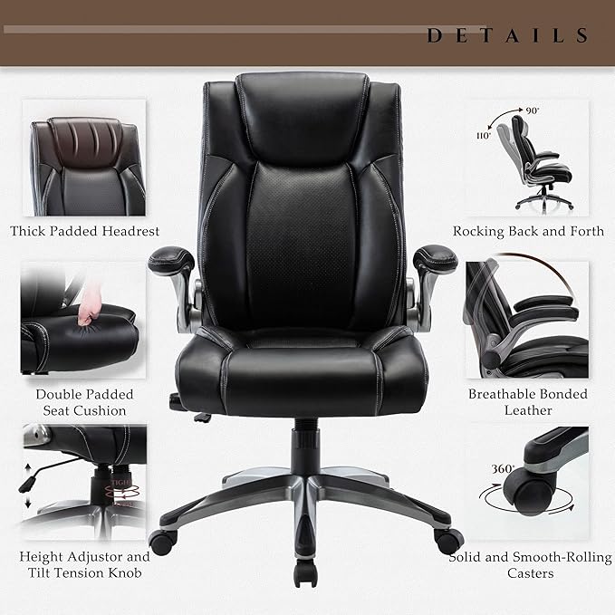 COLAMY Executive Office Ergonomic Chair with Thick Bonded Leather, 300lbs Capacity Big and Tall High Back Desk Chair with Flip-up Armrests, Adjustable Height and Tilt for Working, Study, Gaming,2PC