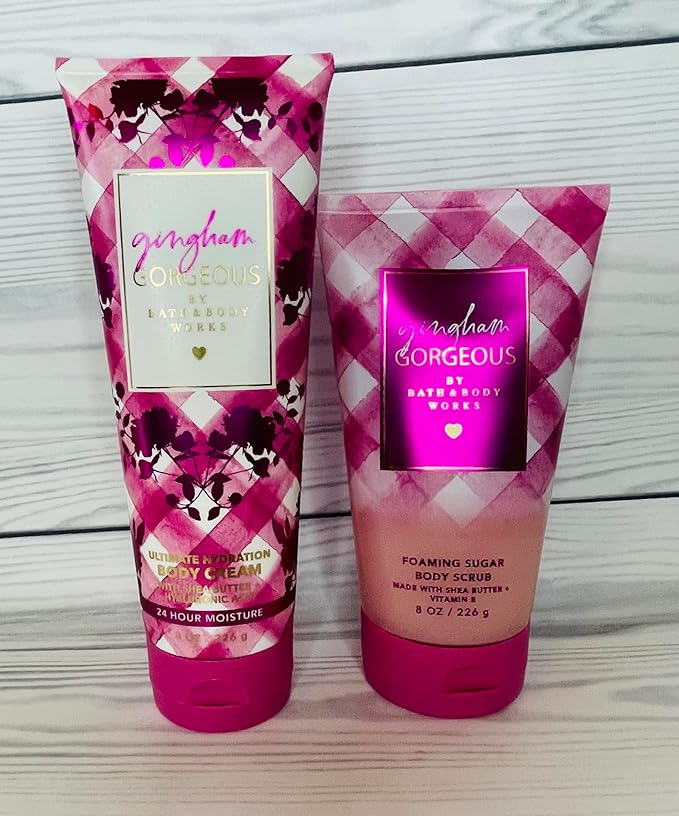 Bath and Body Works Women's Gingham Gorgeous Ultimate Hydration Body Cream and Foaming Sugar Scrub
