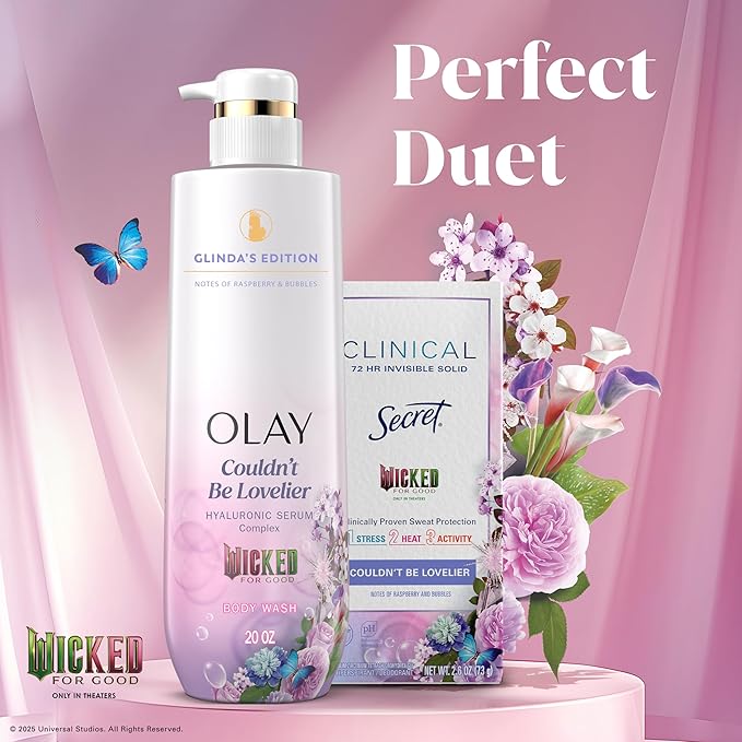 Olay Body Wash for Women, Couldn't Be Lovelier Glinda's Edition, Intensely Hydrating & Renewing, Pro-Hyaluronic Acid Serum with Vitamin B3, For All Skin Types, Raspberry & Bubbles Scent, 20 fl oz