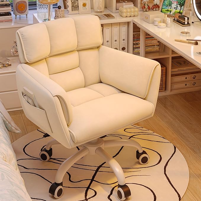 Vanity Chair with Wheels & Soft Velvet Fabric, Desk Chair Comfy with Back, Upholstered Home Office Chair with Side Pockets for Bedroom, Office, Make-up Room, Height Adjustable, Beige