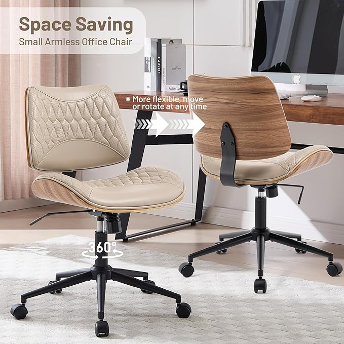 Walnut Bentwood Mid Back Armless Office Chair 1 Pack, Adjustable Height PU Leather Swivel Desk Chair with Wheels, Rolling Computer Task Chair for Home Office, Study, Meeting Room