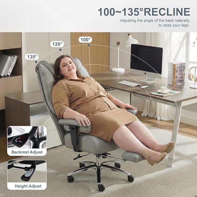 Big and Tall Office Chair 400lbs Wide Seat, Leather High Back Executive Office Chair with Foot Rest, Ergonomic Chairs Lumbar Support for Lower Back Pain Relief (Light Grey)