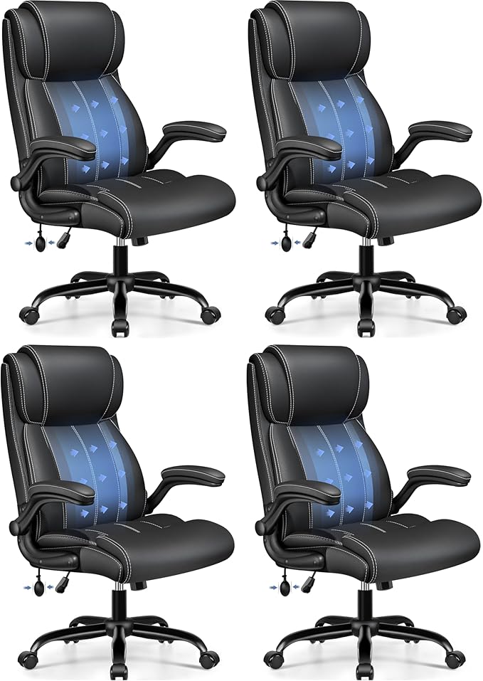 Ergonomic Office Chair - Desk Computer Chair, Leather High Back Executive Chairs with Adjustable Lumbar Support & Flip Up Arms, Black 4 Pack