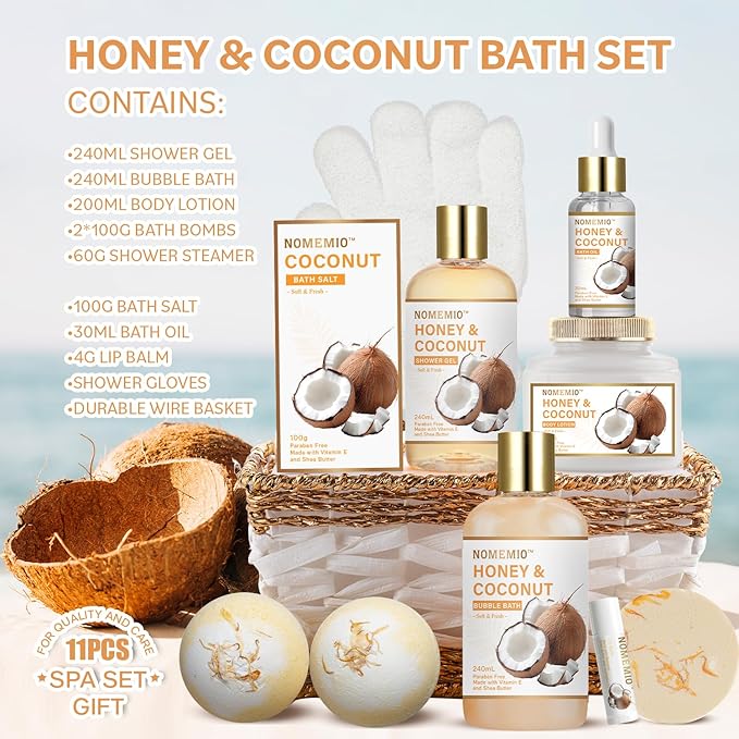 Valentine's Day Gift Baskets, Spa Gift Basket for Women, 11pcs Honey & Coconut Luxury Bath Gift Set, Spa Kit with Shower Gel, Bubble Bath, Bath Bombs , Beauty Gifts for Her, Women, Mom Birthday