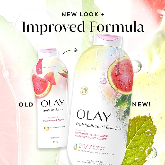 Olay Body Wash for Women, Fresh Radiance, 24/7 Skin-Loving Freshness, Visibly Radiant, Plant Based Cleansers, Vitamin B3 & Antioxidant Blend, For All Skin Types, Watermelon & Agave Scent, 22 fl oz