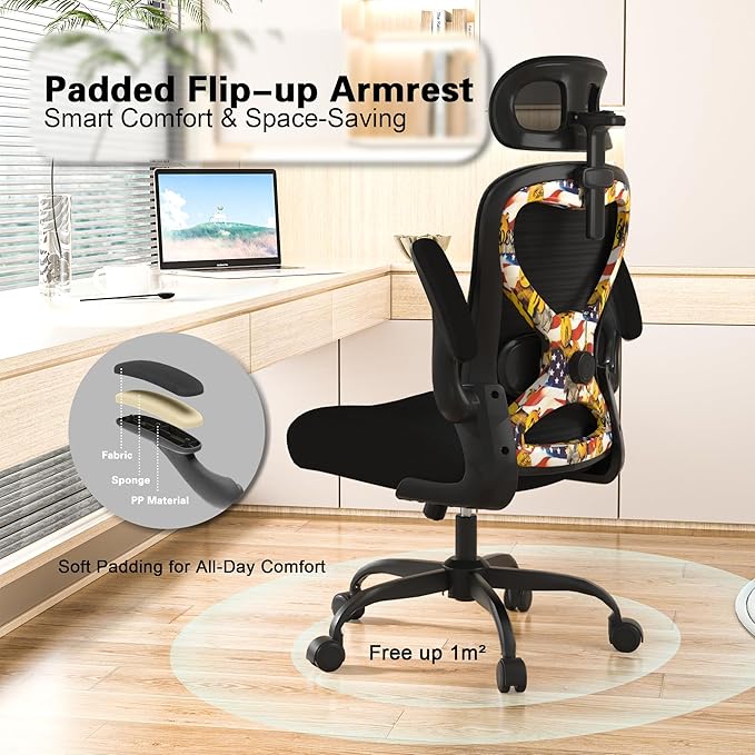 Office Chair for Back & Neck Pain Relief, Virgin Foam Seat, 2D Adjustable Lumbar & 3D Headrest, Flip-Up Armrests, Tilt & Rock for Relaxation, Black/UF