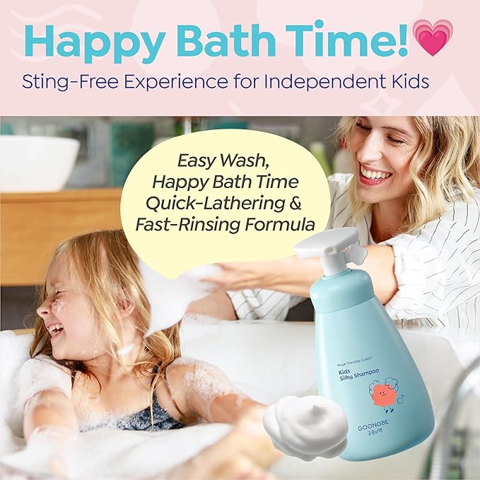 GOONGBE Kids' Detangling Shampoo - Silky Shine for Frizzy Tangle-Prone Hair – Silicone-Free Low pH with Silk Protein & Macadamia Oil – Tear-Free Tested, 25 Allergen-Free – Korean K-Beauty, 10.1 fl oz