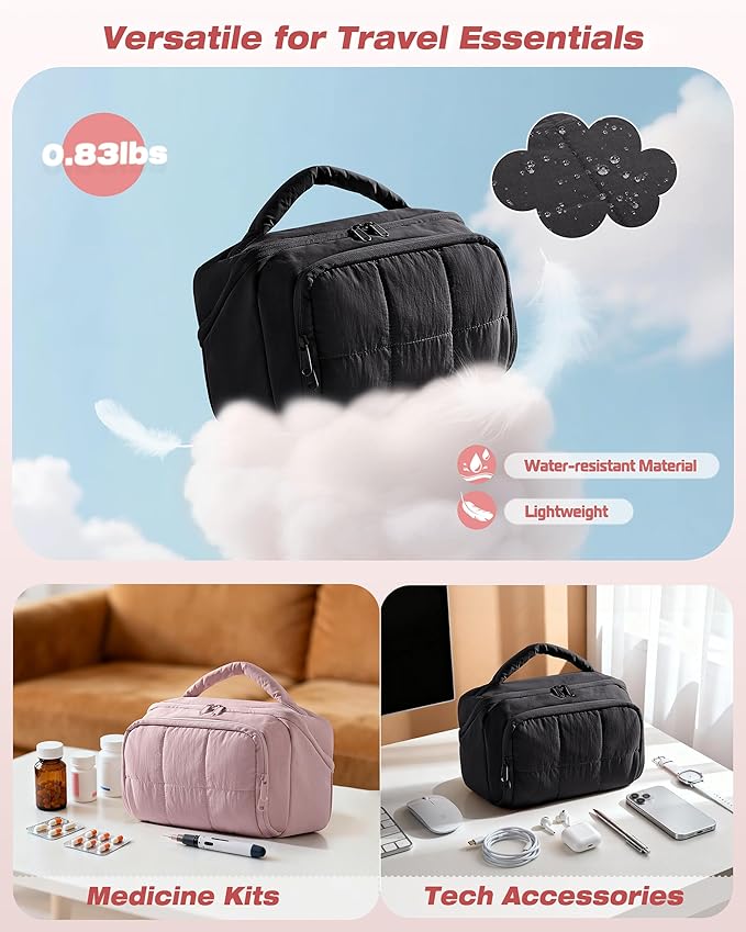 Travel Makeup Bag for Women, Toiletry Organizer with Waterproof Pockets, Puffy Cosmetics Pouch for Makeup Brushes, Skincare & Travel Essentials, Black (Bag only)