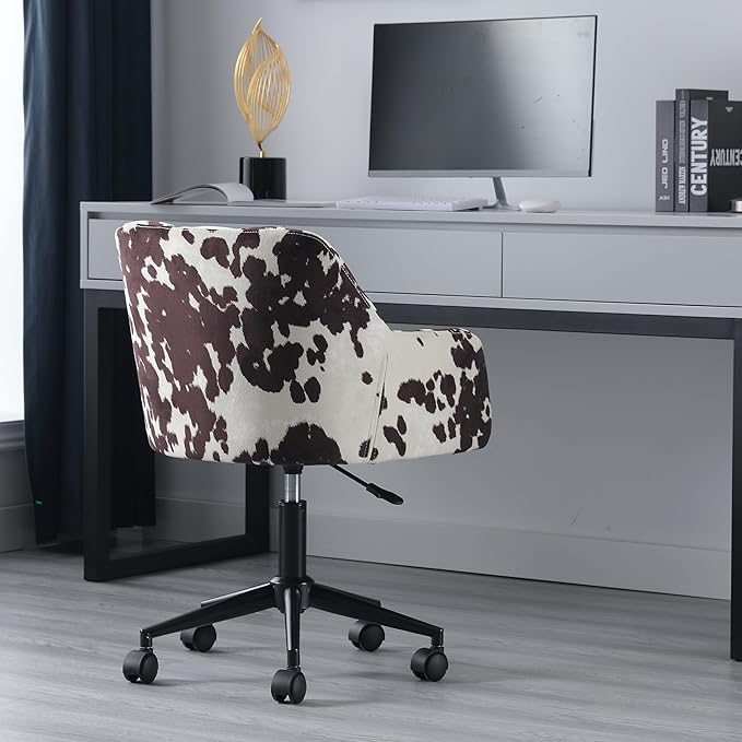 Cow Print Chair Modern Velvet Office Desk Chair with Armrest, Height Adjustable Wide Seat Computer Task Chair for Home Office, Mid Back Accent Chair, Cow