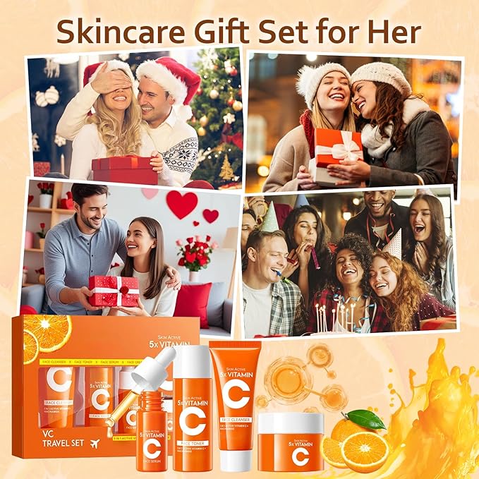 4-in-1 Skincare Kit for Women, Vitamin C Skincare Kit with Facial Cleanser, Toner, Serum and Face Cream