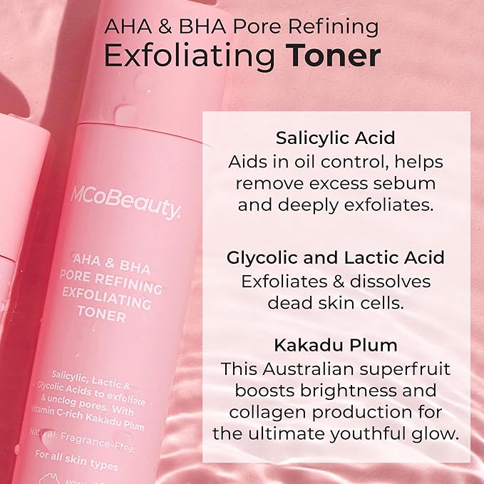 MCoBeauty - AHA & BHA Pore Refining Exfoliating Toner - Brightening, Clarifying & Skin-Smoothing Treatment for Clear, Balanced Complexion - Skin Care, Exfoliate for Face