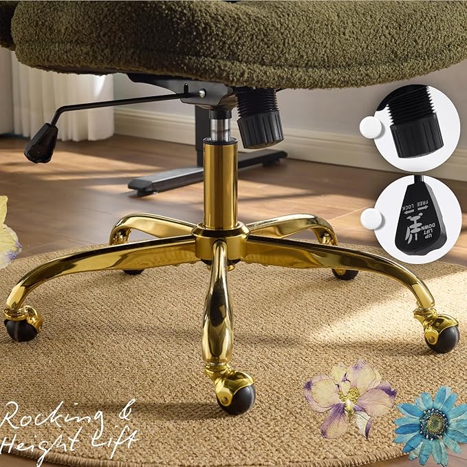 VINGLI Wide Criss Cross Legged Office Chair,Buttprint Ergonomic Desk Chair Comfy with Pillow&Gold Base,Dual-Use with/no Wheels,Adjustable Vanity Swivel Chair for Bedroom,Home Office,Teddy Fleece,Green