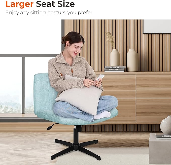 NEO Chair Criss Cross Chair No Wheels Armless Cross Legged Office Desk Wide Comfy Vanity Makeup Chair Adjustable Computer Task for Home Office Fabric (Mint)