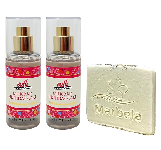 Bath & Body Works Milk Bar Bithday Cake 2-Pack Mini Fragrance Mists with a Natural Oats Sample Soap - Travel Size
