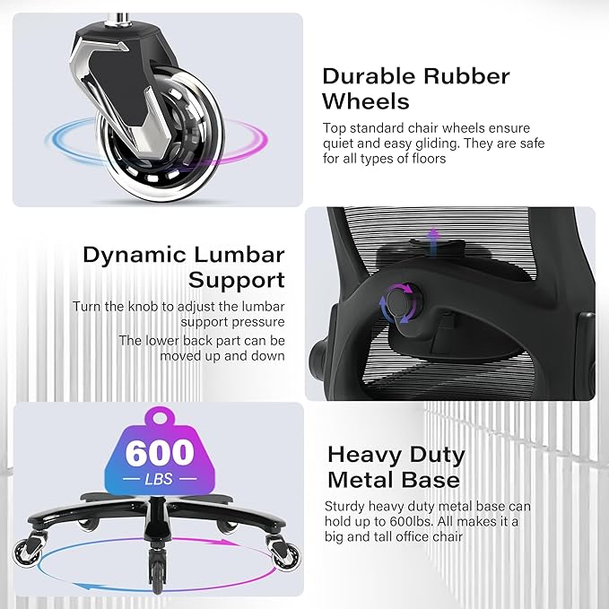 Big and Tall Office Chair 600lbs with 3D Flip Arms Adjustable Headrest - Heavy Duty Large Wheels Executive Computer Desk Chair, Ergonomic Lumbar Support Mesh High Back Plus Size Chair for Adults