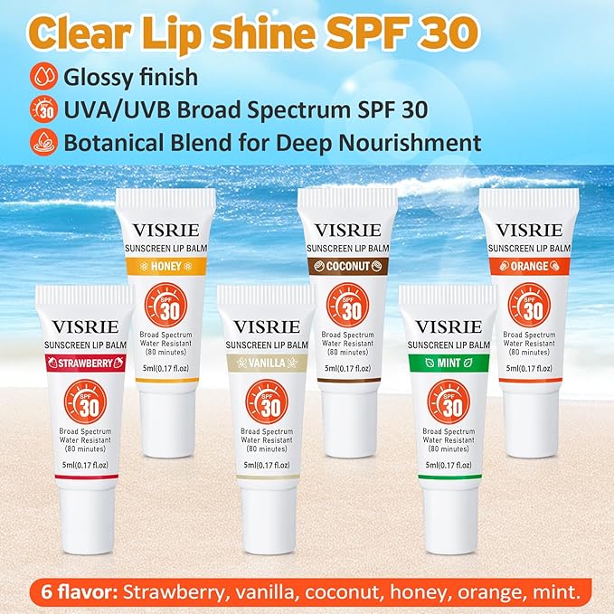 SPF 30 Sunscreen Lip Balm 6 Pack,Clear SPF Lip Gloss UVA/UVB Sun Protection, Moisturizing Lip Sunscreen with Vitamin E and Shea Butter, Travel Sunscreen for Lips