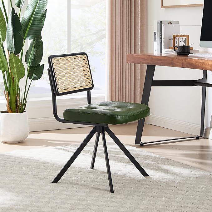 Zesthouse Rattan Desk Chair No Wheels, Mid Century Modern Home Office Chair with Cane Mesh & Wooden Back, Vintage Faux Leather Swivel Accent Chair, Upholstered Armless Computer Task Chair,Green
