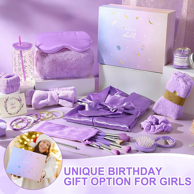 15 Pcs Birthday Gifts for Women Robe Sets for Women Spa Basket Set Graduation Gifts Bath Robe Make up Brushes Scented Candle Fluffy Socks Coffee Cup for Mom Nurse Girlfriend Wife(Purple)