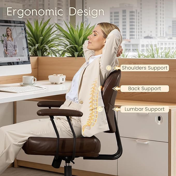 HOOOWOOO Ergonomic Office Chair,Mid Century Modern Computer Desk Chair,Comfy Executive Chair with Extra Wide Tufted Cloudy Seat Lumbar Support Rocking Back,PU Leather Dark Brown