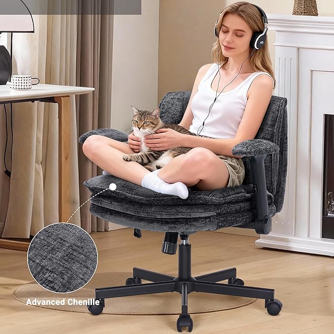 Criss Cross Chair with Wheels and Flip Arms, Upholstered Cross Legged Office Chair with 3 Layer Cushions&Dynamic Airbag Lumbar Support, Wide Seat Comfy Desk Chair for Home Office, Living Room, Black
