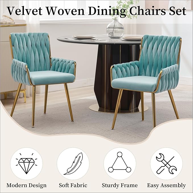 Westice Home Office Desk Chair, Upholstered Hand Weaving Desk Chairs with Golden Metal Legs & Armrest, Modern Accent Chairs for, Living Room, Vanity Makeup Room, Blue