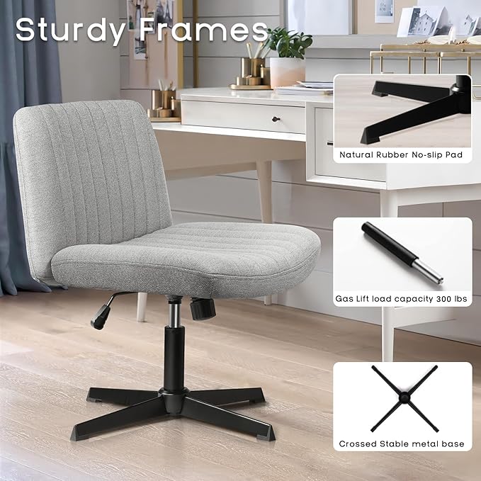 PUKAMI Criss Cross Chair,Comfy Cross Legged Office Desk Chair No Wheels,Modern Fabric Swivel Adjustable Height Mid Back Wide Seat for Home Office Computer (Grey)