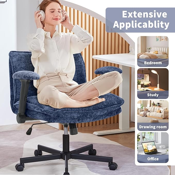 Cross Legged Office Chair, Height Adjustable Swivel Desk Chair with Flip-Up Arms, Padded Criss Cross Chair for Home Office & Bedroom