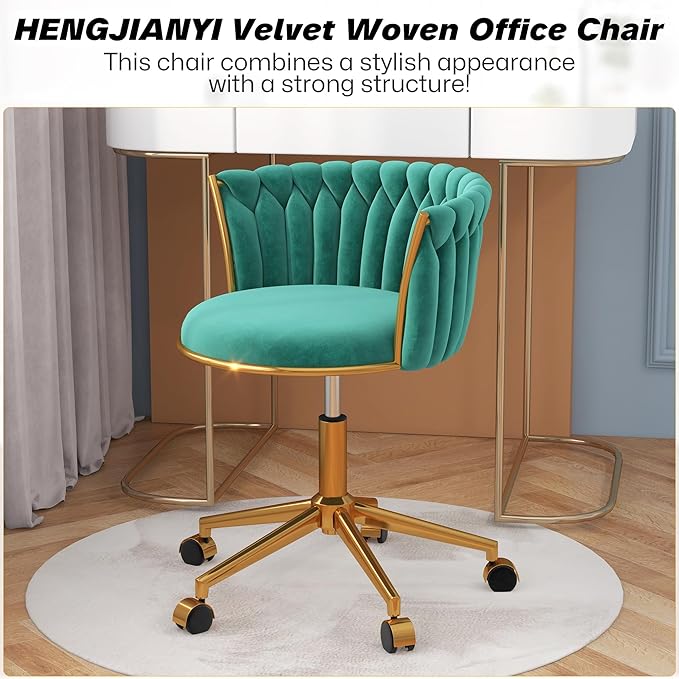 Velvet Woven Home Office Chair, Modern Swivel Desk Chair with Wheels, Height Adjustable Vanity Chair with Gold Metal Base and Hand Weaving Back for Bedroom Study Small Space, Green