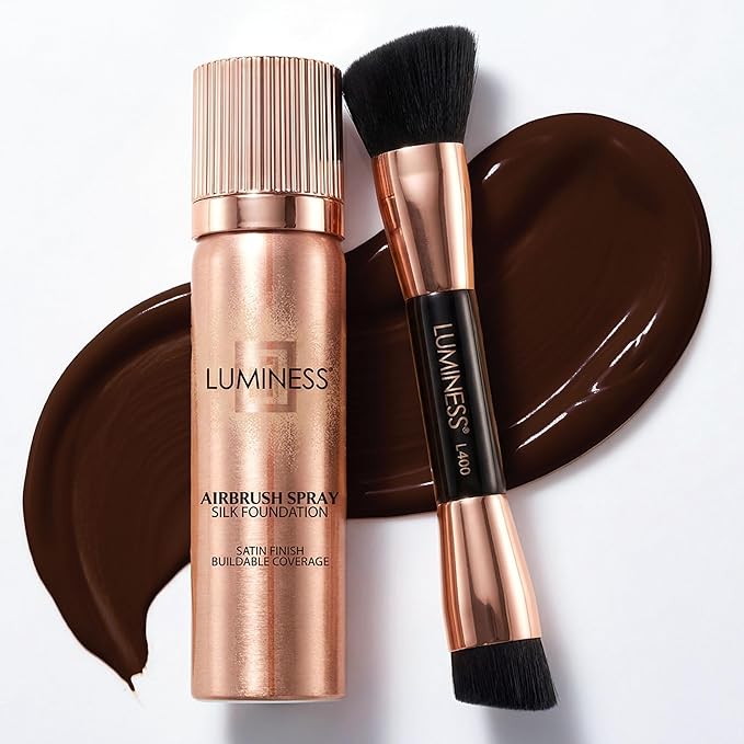 LUMINESS Silk Airbrush Spray Foundation & Buffing Brush Kit – Full Coverage Foundation & Dual-Sided Buffing Brush - Buildable Coverage, Anti-Aging Formula Hydrates & Moisturizes (Shade - Rich Dark)