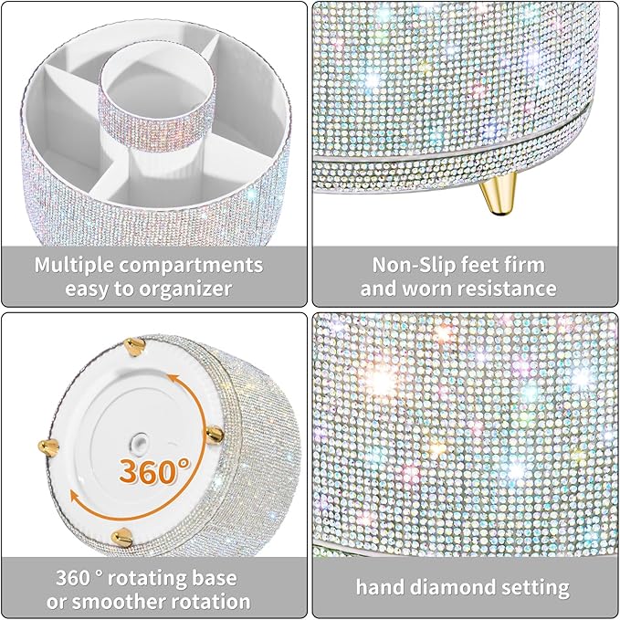 Bling Diamond Makeup Brush Holder, 360° Rotating Makeup Organizer, 5 Slot Make up Brushes Cup for Countertop, Storage for Cosmetics Pen Eyeliner Skincare on the Vanity ((Diamond white AB)