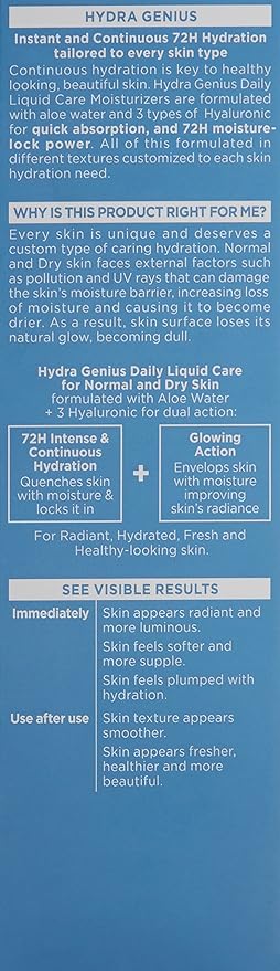 L'Oreal Paris Skincare Hydra Genius Daily Liquid Care Oil-Free Face Moisturizer for Normal to Dry Skin, Hyaluronic Acid Moisturizer for Face with Aloe Water and Hyaluronic Acid, 3.04 fl. oz.