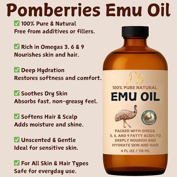 Emu Oil, 100% Pure Australian Emu Oil – Refined & Unscented – Natural Moisturizer for Hair, Skin, Face & Body – Helps with Scars, Dry Skin & Massage – 4 fl oz Glass Bottle