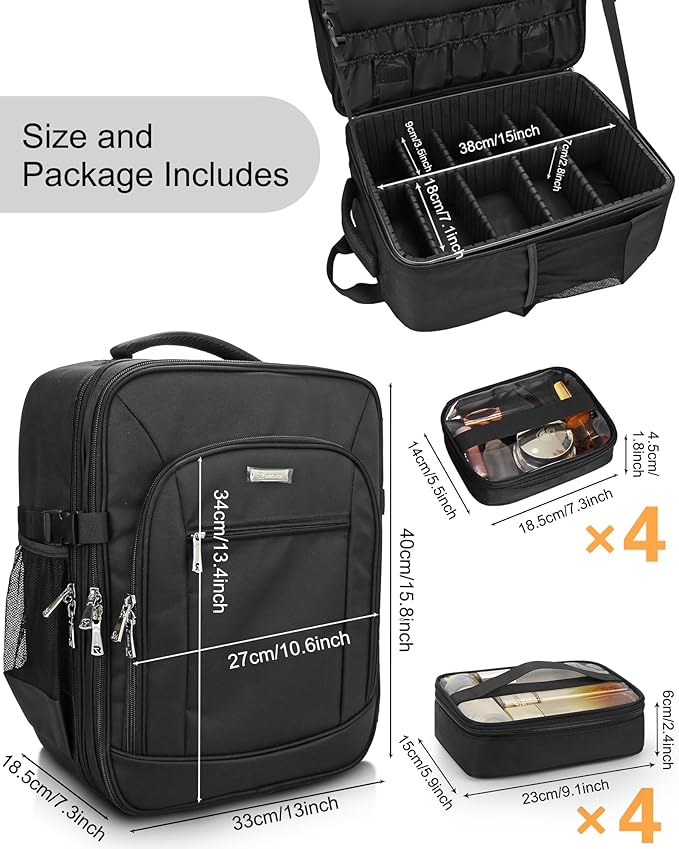 TANTO Makeup Backpack Professional Cosmetic Artist Bag Extra Large Travel Train Case Storage Organizer Double-Layer Cosmetic Case with 8 Pouch &Adjustable Divider (Black)