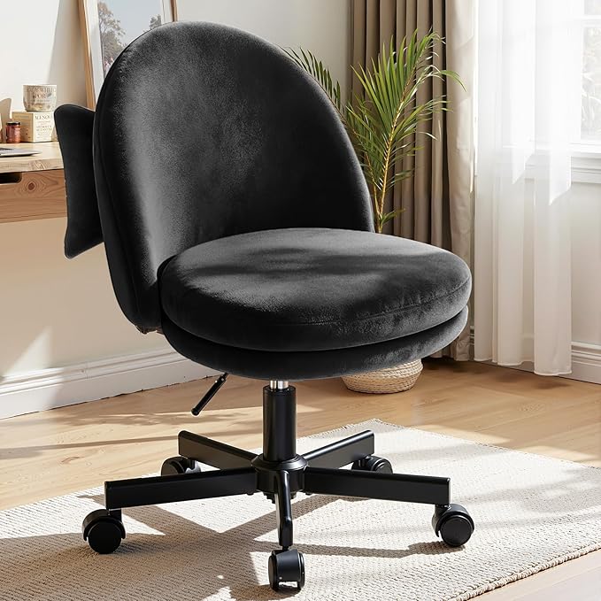 GTPLAYER Velvet Tall Office Chair with Wheels Vanity Chairs with Back, Versatile Height Use: Office to Bar Stools Small Ergonomic Comfy Armlees Computer Desk Chair with Bow Lumbar Pillow for Gift