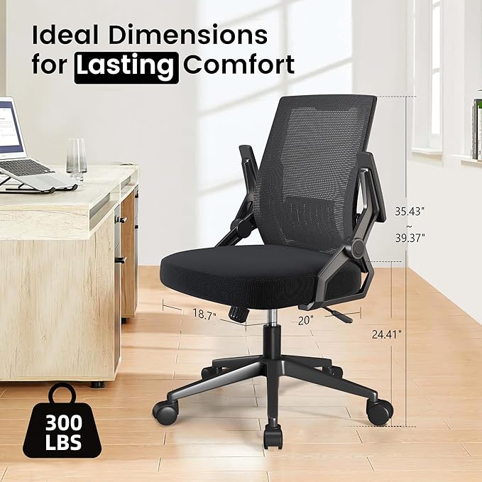 GTPOFFICE Ergonomic Office Chair, Computer Desk Chair Comfy with Adjustable Lumbar Support, Mid-Back Mesh Office Chair with Flip-up Armrest, Tilt Function Task Chair for Home, Bedroom, Gaming, Black
