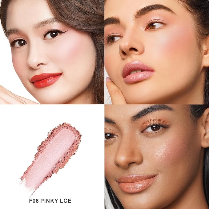 OULAC Pink Lumious Blush Makeup| 2 in 1 Powdery Blush&Highlighter| Shimmer Metallic Glow| Shape&Highlight Face| Cruelty-Free & Highlight Bling| F06 Pinky Ice