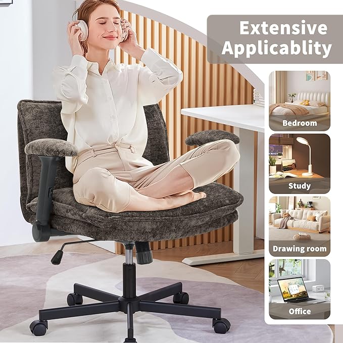 Cross Legged Office Chair, Height Adjustable Swivel Desk Chair with Flip-Up Arms, Padded Criss Cross Chair for Home Office & Bedroom