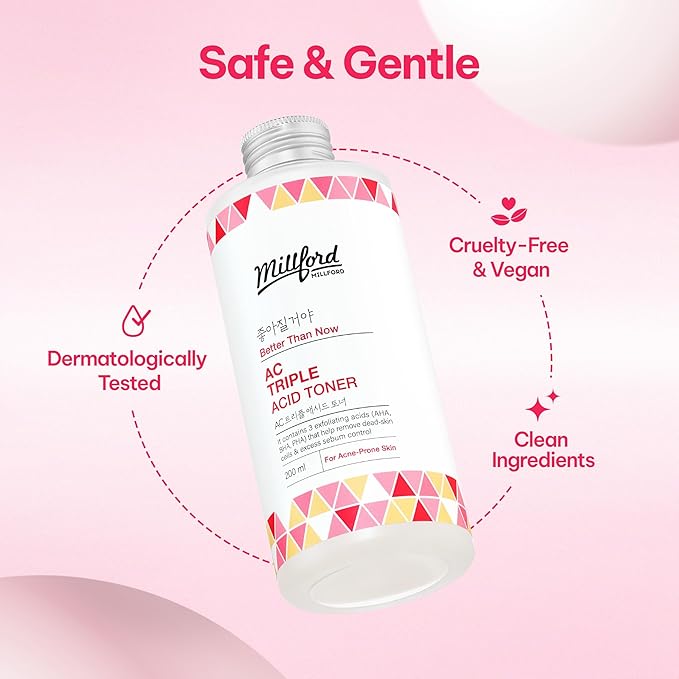 AC Triple Acid Toner 6.76 Oz, 200ml, AHA/BHA/PHA Exfoliating Daily Face Toner, Salicylic Acid, Oily Skin