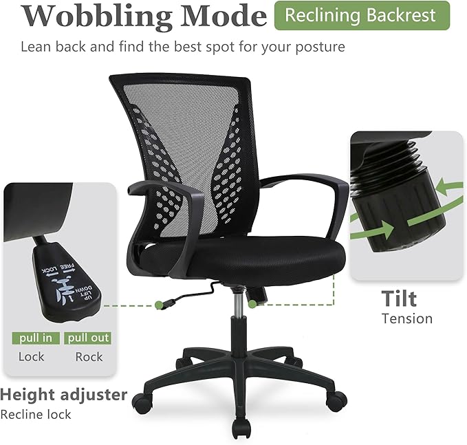 Home Office Chair Mid Back PC Swivel Lumbar Support Adjustable Desk Task Computer Ergonomic Comfortable Mesh Chair with Armrest (Dark Black)