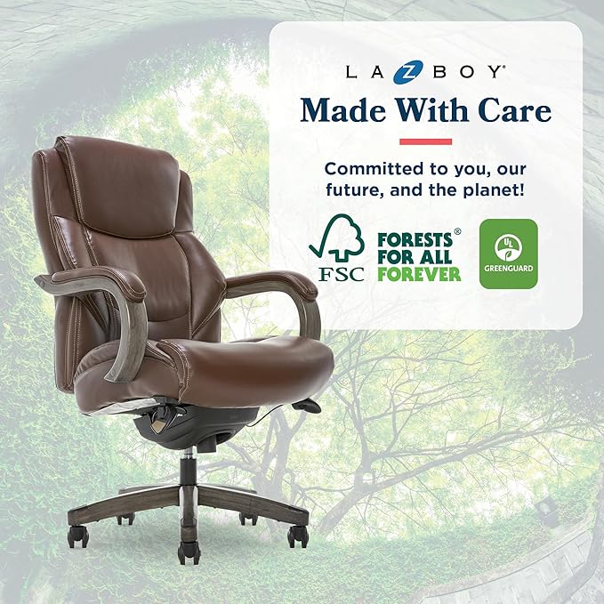 La-Z-Boy Delano Big and Tall Executive Office Chair - Ergonomic Lumbar Support Memory Foam - Bonded Leather Desk Chair for Home Office - Weathered Gray Wood Arms - Brown