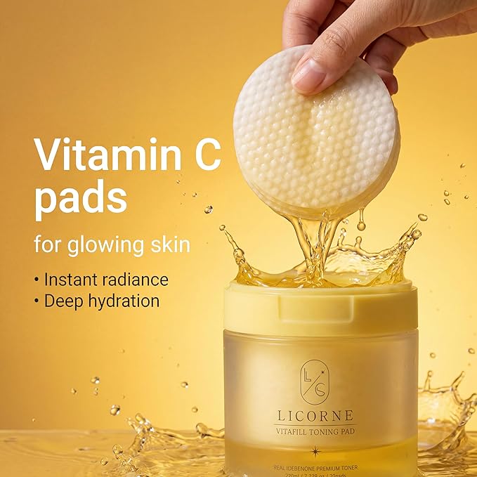 Licorne Vitafill Toning Pads (70 Count) - Idebenone & Vitamin C Glow Boosting Toner Pads for Dullness & Uneven Skin Tone - Korean Exfoliating Face Pads with Niacinamide for Daily Radiance
