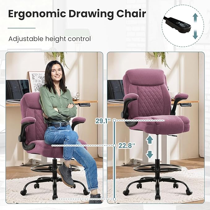Drafting Chair for Standing Desk – Tall Office Chair with Adjustable Height & Foot Ring, Flip-Up Arms, Lumbar Support – Comfortable Fabric Seat, Ideal Home Desk Chair