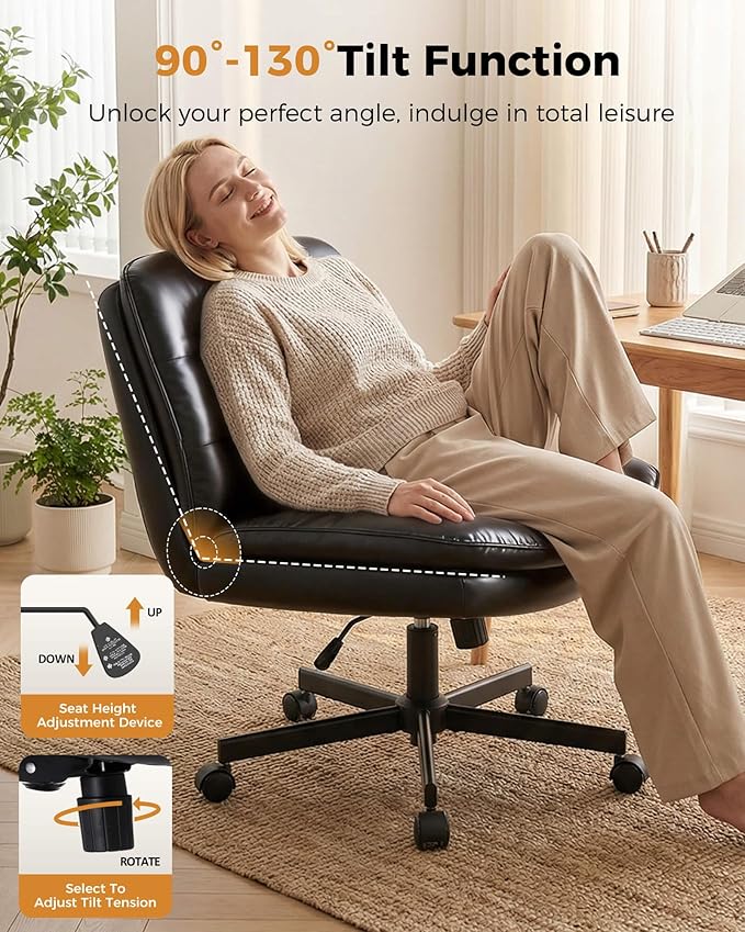 COMHOMA Cross Legged Office Chair with Wheels Armless Office Desk Chair, Modern Vanity Computer Task Chairs for Home Bedroom, Comfortable Wide Seat for Lower Back Pain Relief, PU Leahter, Black