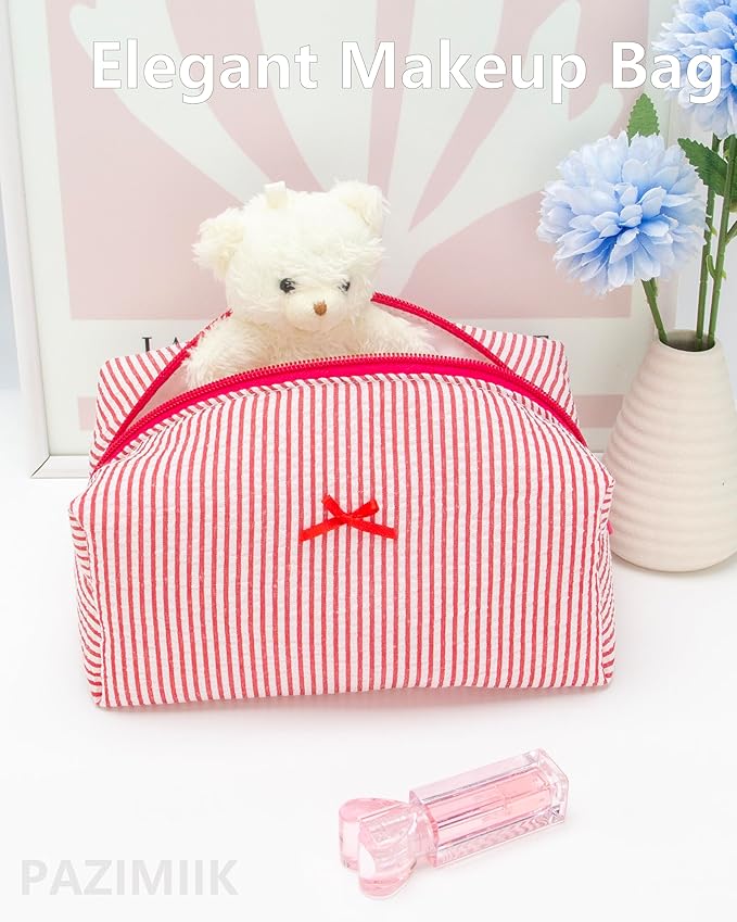PAZIMIIK Cozy Makeup Bag Small Aesthetic Travel Zipper Cosmetic Pouch for Women Make Up Beauty Accessories Brushes, Stripe Red