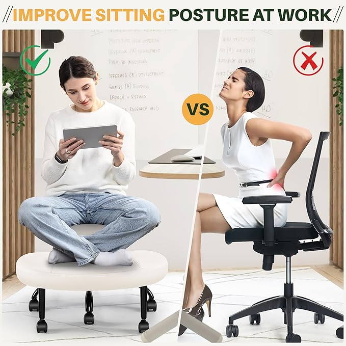 Primy Criss Cross Office Chair - ADHD Cross Legged Chair with Wheels - Adjustable Height Ergonomic Kneeling Desk Chairs for Meditation Yoga Home Office with Backrest, 360°Rotating Footrest -White