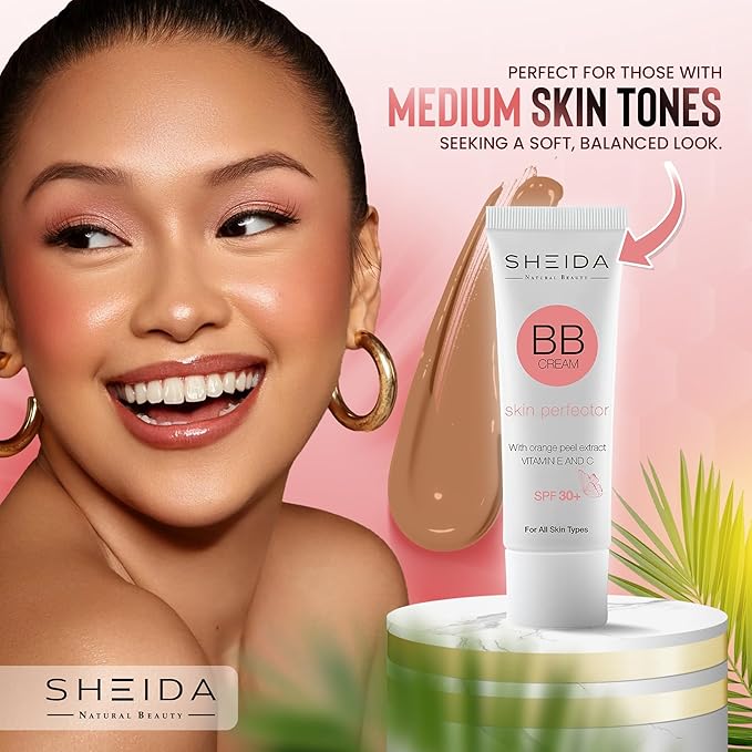 Sheida BB Cream with SPF 30+, Hydrating Daily Tinted Day Cream, Natural Finish, Buildable Light Coverage, 24h Moisture, Vitamin C & E for Even Skin Tone and Radiant Look – 50 ml (Medium)