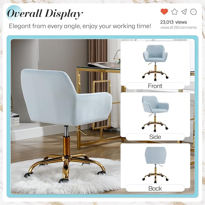 Faux Fur 360°Swivel Desk Chair, Modern Height Adjustable Home Office Armchair with Golden Base for Teens Women Girls, Upholstery Computer Chair, Velvet & Light Blue