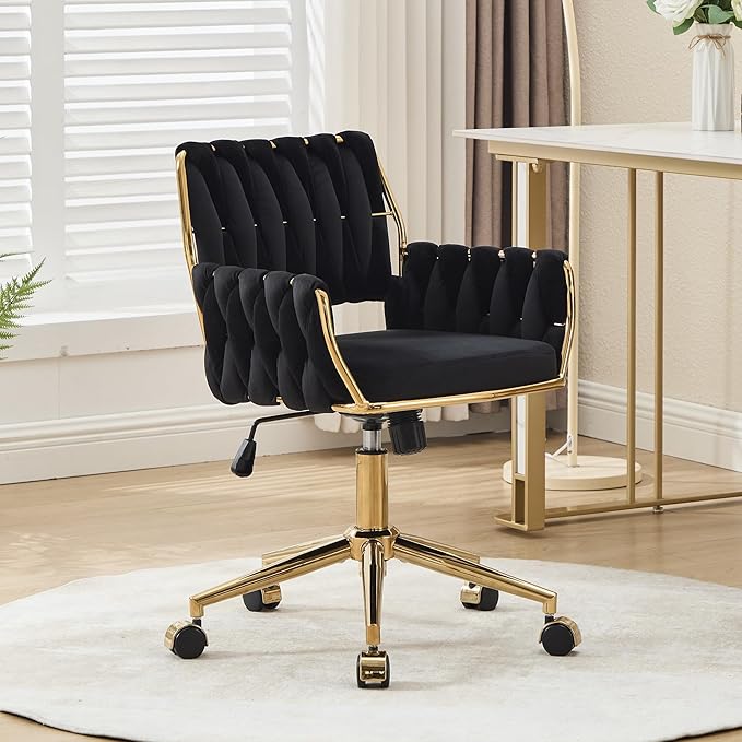 civama Velvet Office Desk Chair with Hand Woven Backrest, 360°Swivel & Height Adjustable Cute Girls Vanity Vlog Chairs, Nail Salon Bedroom Dressing Room Armchair with Gold Base and Wheels (Black)