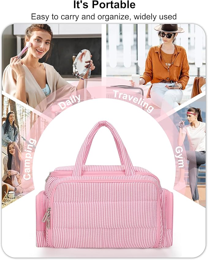 Travel Makeup Bag, Lightweight Wide-open Toiletries Bag for Women, Large Cosmetic Organizer Bag with Makeup Brushes Compartment for Travel-Sized Essentials for Trip, Camping - Pink Strip
