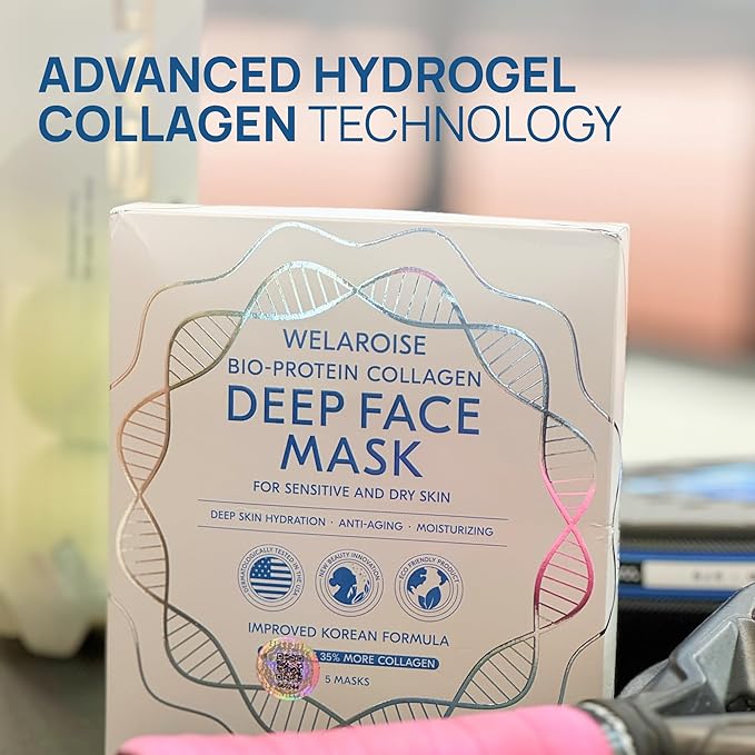 Welaroise Bio Protein Collagen Hydrogel Deep Face Mask +35% More Collagen, Intense Hydration & Moisturization, Firming, Anti-Aging, Skin Renewal, Korean Skincare (Pack of 5)